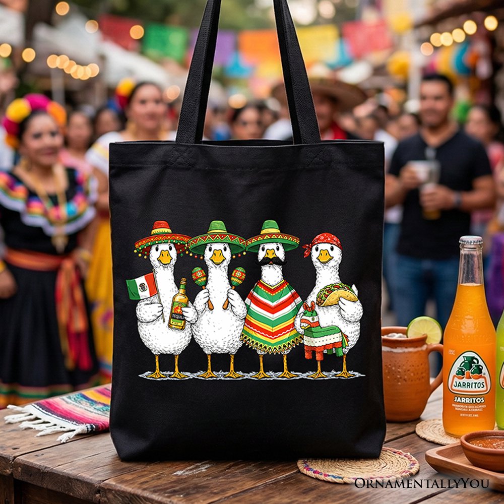 Cinco De Mayo Goose Mexican Tote Bag, Funny Fiesta Gift Shopper Tote Bag OrnamentallyYou Black 