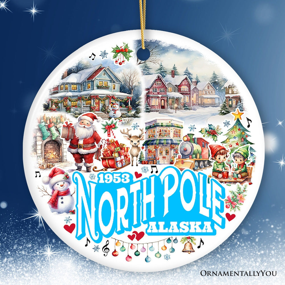 City of North Pole Alaska Artistic Christmas Ornament, Decorated Ceramic Souvenir with Santa and Elf Themes Ceramic Ornament OrnamentallyYou Circle 
