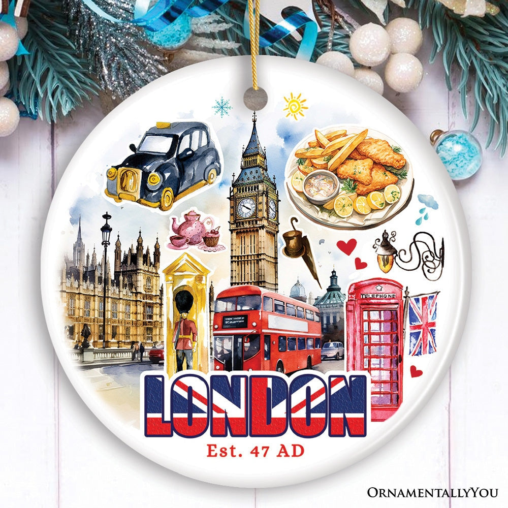 Classic London Artwork City Full of Landmarks Ornament, Vintage Souvenir of England Ceramic Ornament OrnamentallyYou 