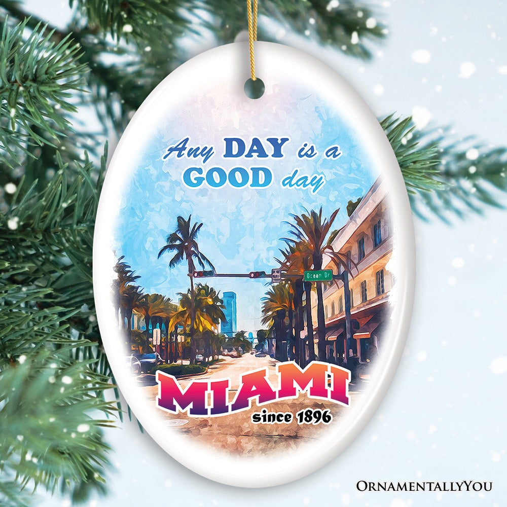 Classic Miami Living Stroll Through Paradise Ornament, Scenic Ocean Drive Artwork Souvenir Ceramic Ornament OrnamentallyYou Oval 