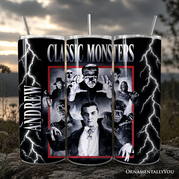 Classic Monsters Black and White 20oz Personalized Tumbler With Lid and Stainless Steel Straw, Retro Vintage Horror Gift Cup