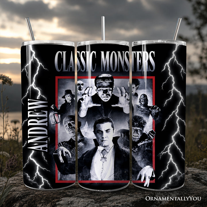 Classic Monsters Black and White 20oz Personalized Tumbler With Lid and Stainless Steel Straw, Retro Vintage Horror Gift Cup