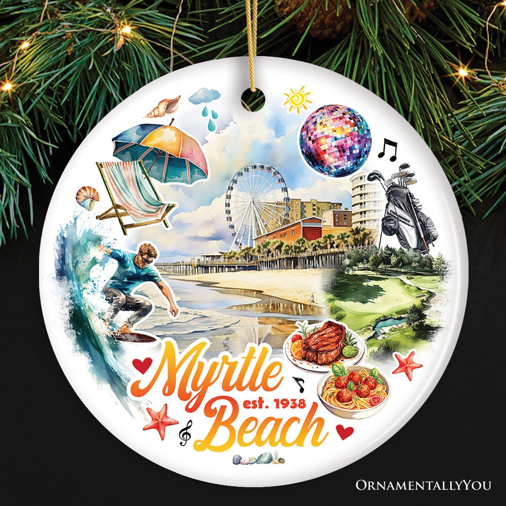 Classic Myrtle Beach Artistic Handcrafted Christmas Ornament, South Carolina Souvenir and Keepsake Decor Ceramic Ornament OrnamentallyYou Circle 