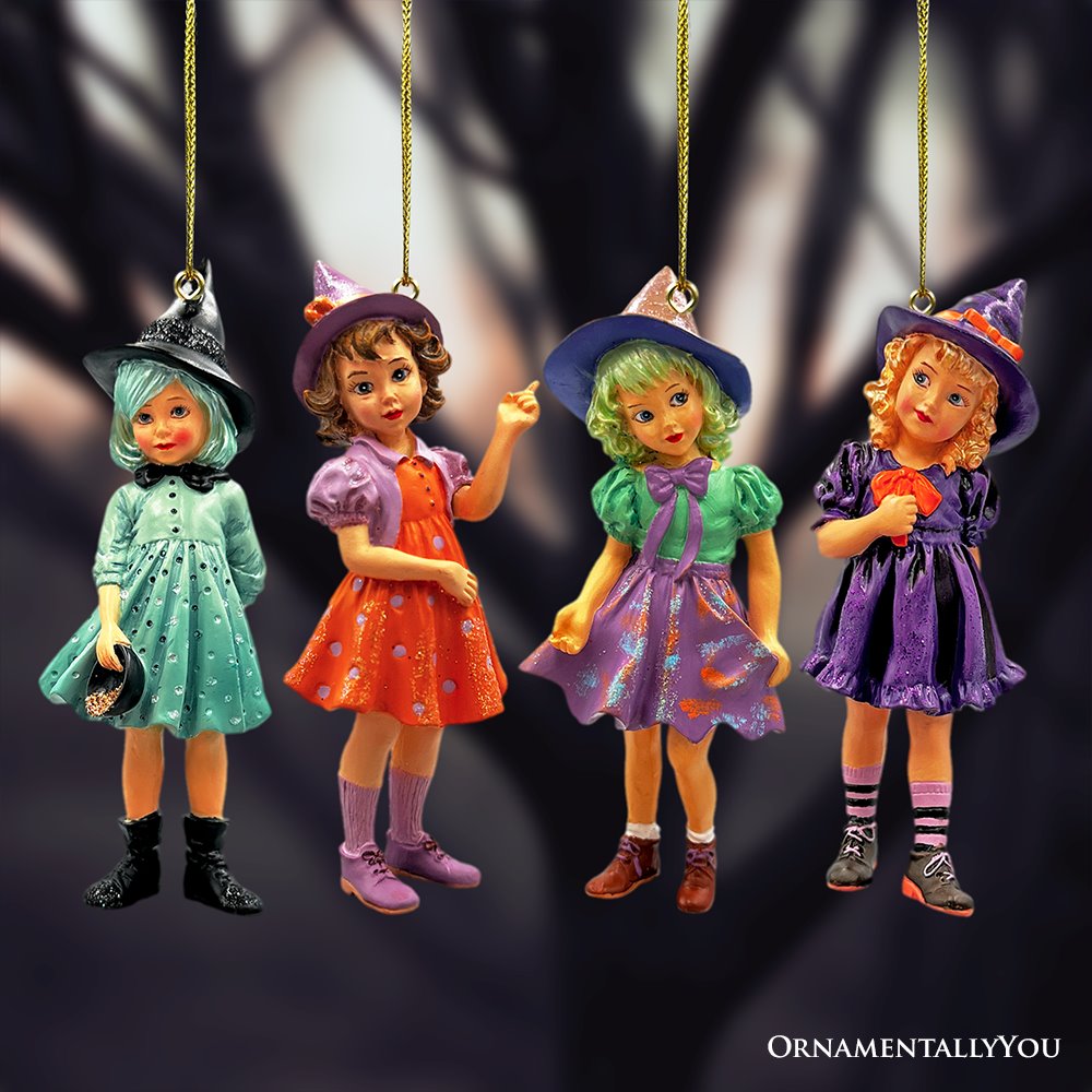 (Pre-Order) Classic Victorian Little Witch Girls Set of 4 Ornaments, Vintage Halloween Tree Resin Decoration Ornament Bundle OrnamentallyYou 