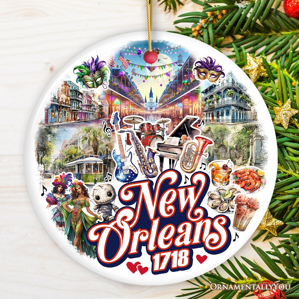Classically Festive New Orleans Handcrafted Ornament, Mardi Gras Souvenir and Louisiana Christmas Gift Ceramic Ornament OrnamentallyYou Circle 