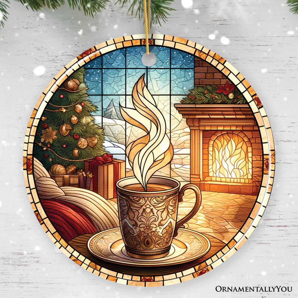 Coffee Illustration Stained Glass Style Ceramic Ornament, Christmas Gift and Decor Ceramic Ornament OrnamentallyYou Circle 
