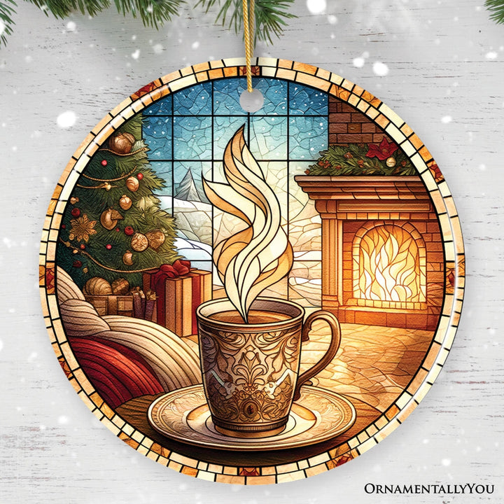Coffee Illustration Stained Glass Style Ceramic Ornament, Christmas Gift and Decor Ceramic Ornament OrnamentallyYou Circle 