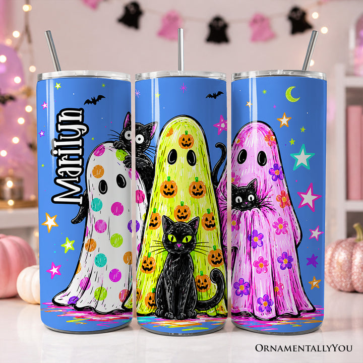 Colorful Ghosts and Black Cats 20oz Personalized Tumbler With Lid and Stainless Steel Straw, Neon Halloween Spooky Season Gift Cup