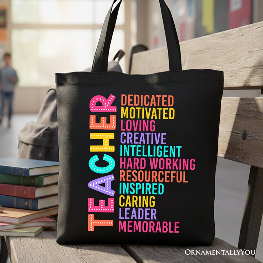 Colorful Teacher Acronym Tote Bag, Motivational Gift Shopper for Educators Tote Bag OrnamentallyYou Black 