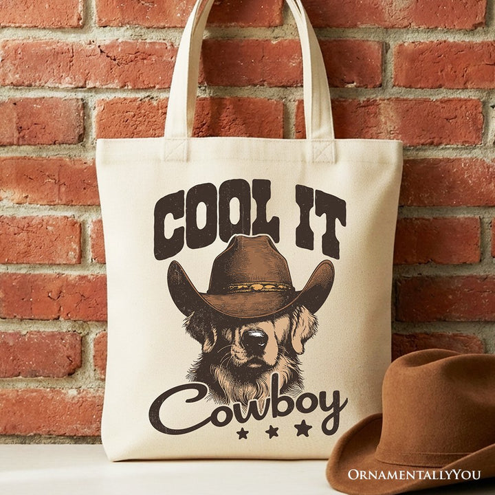 Cool It Cowboy Canvas Tote Bag With Western Dog, Retro Golden Retriever Gift Shopper for Country Lover Tote Bag OrnamentallyYou Beige 