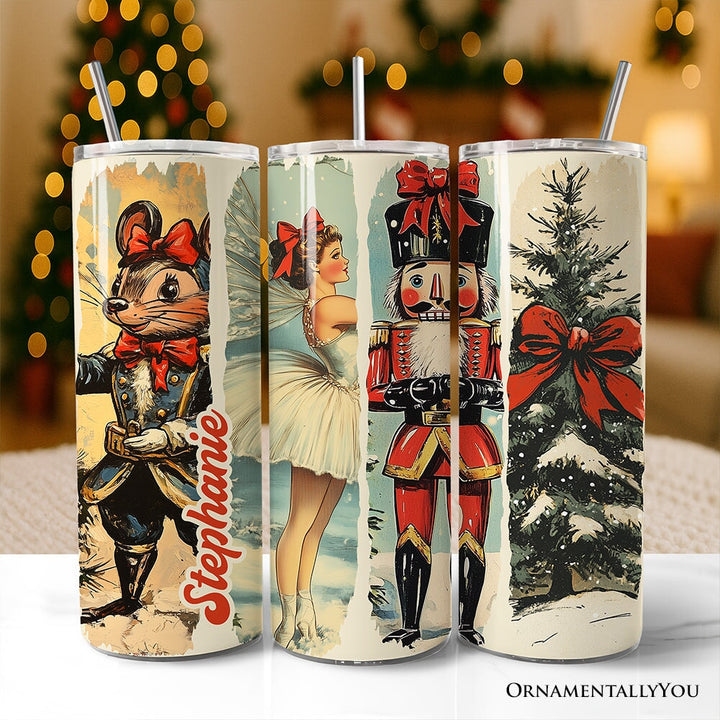 Coquette Ballet and Nutcracker 20oz Personalized Tumbler With Lid and Stainless Steel Straw, Christmas Bow and Mouse Vintage Gift Cup Tumbler OrnamentallyYou Customized 
