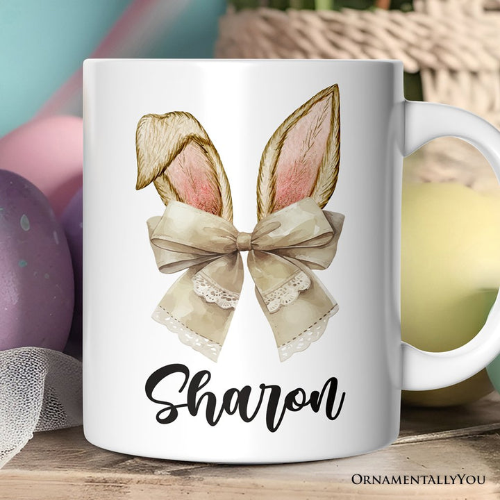 Coquette Bow Bunny Ears Personalized Mug, Aesthetic Spring Vibes Gift With Custom Name Personalized Ceramic Mug OrnamentallyYou 12oz Mug Customized 
