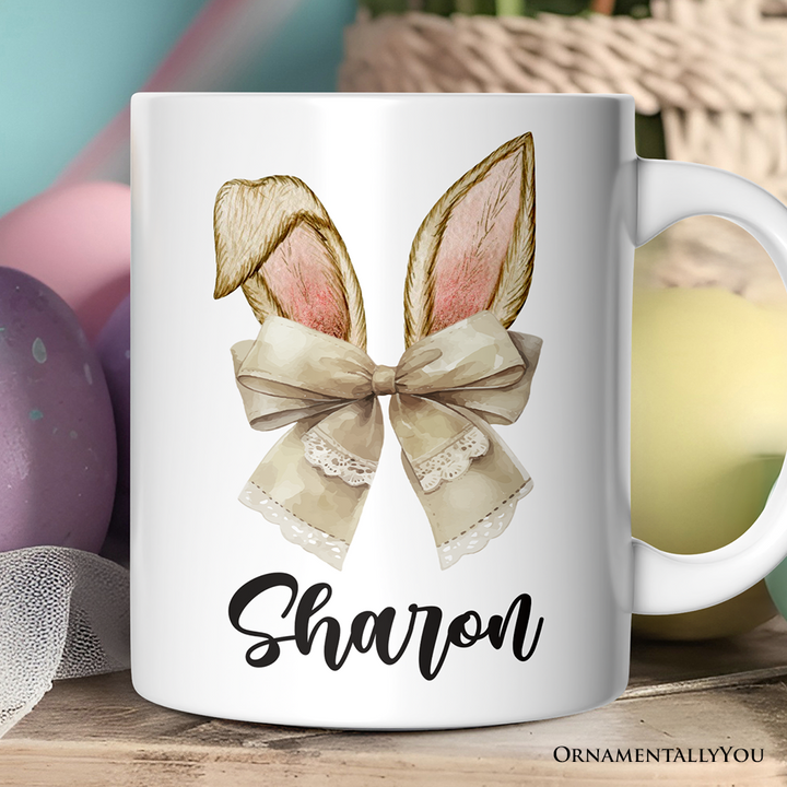 Coquette Bow Bunny Ears Personalized Mug, Aesthetic Spring Vibes Gift With Custom Name