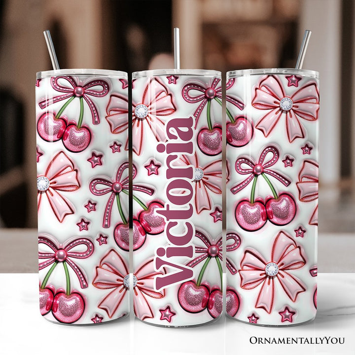 Coquette Cherry Bows 3D Inflated Tumbler With Lid and Stainless Steel Straw, Spring Floral Travel Mug Gift Tumbler OrnamentallyYou Customized 