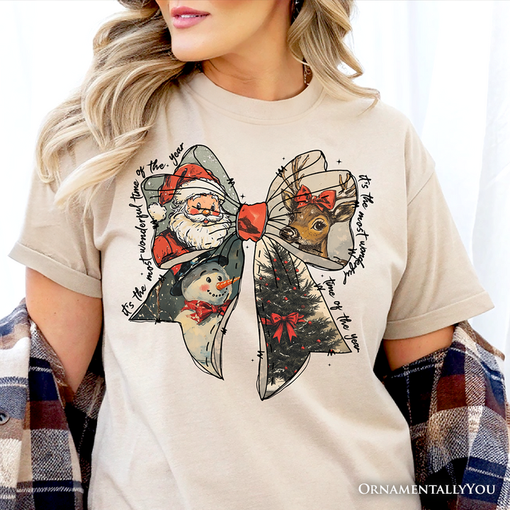 Coquette Christmas Bow T‑Shirt, It's Most Wonderful Time Of The Year Vintage Tee With Santa, Deer and Snowman
