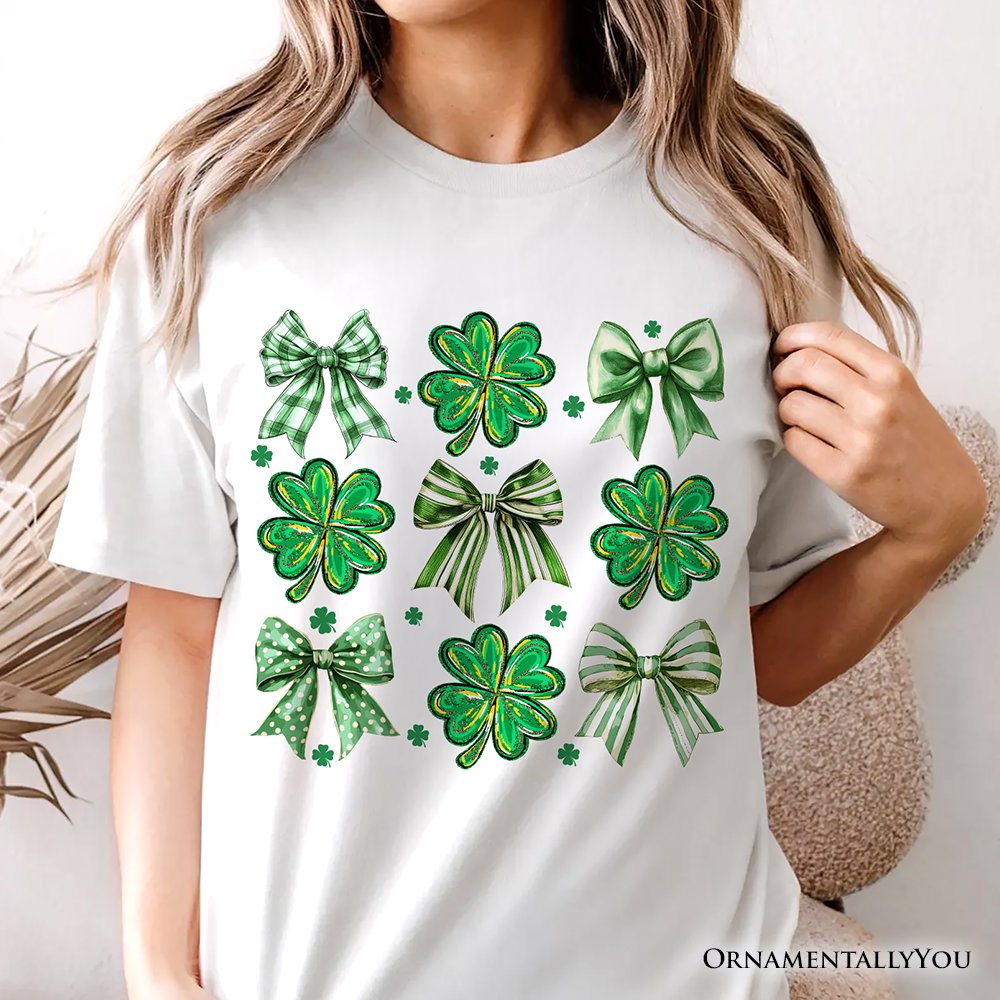 Coquette Clover Bows St Patrick’s Day T-Shirt, Green Irish Lucky Shamrock Tee T-Shirts OrnamentallyYou 