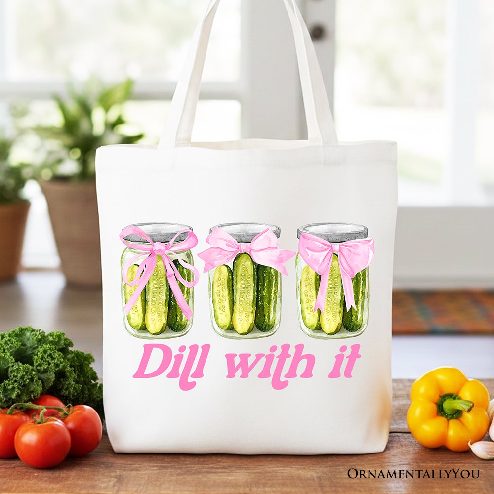 Coquette Dill With It Funny Canvas Tote Bag, Pink Bow Pickle Lover Gift Shopper for Cute and Quirky Style Fans Tote Bag OrnamentallyYou White 
