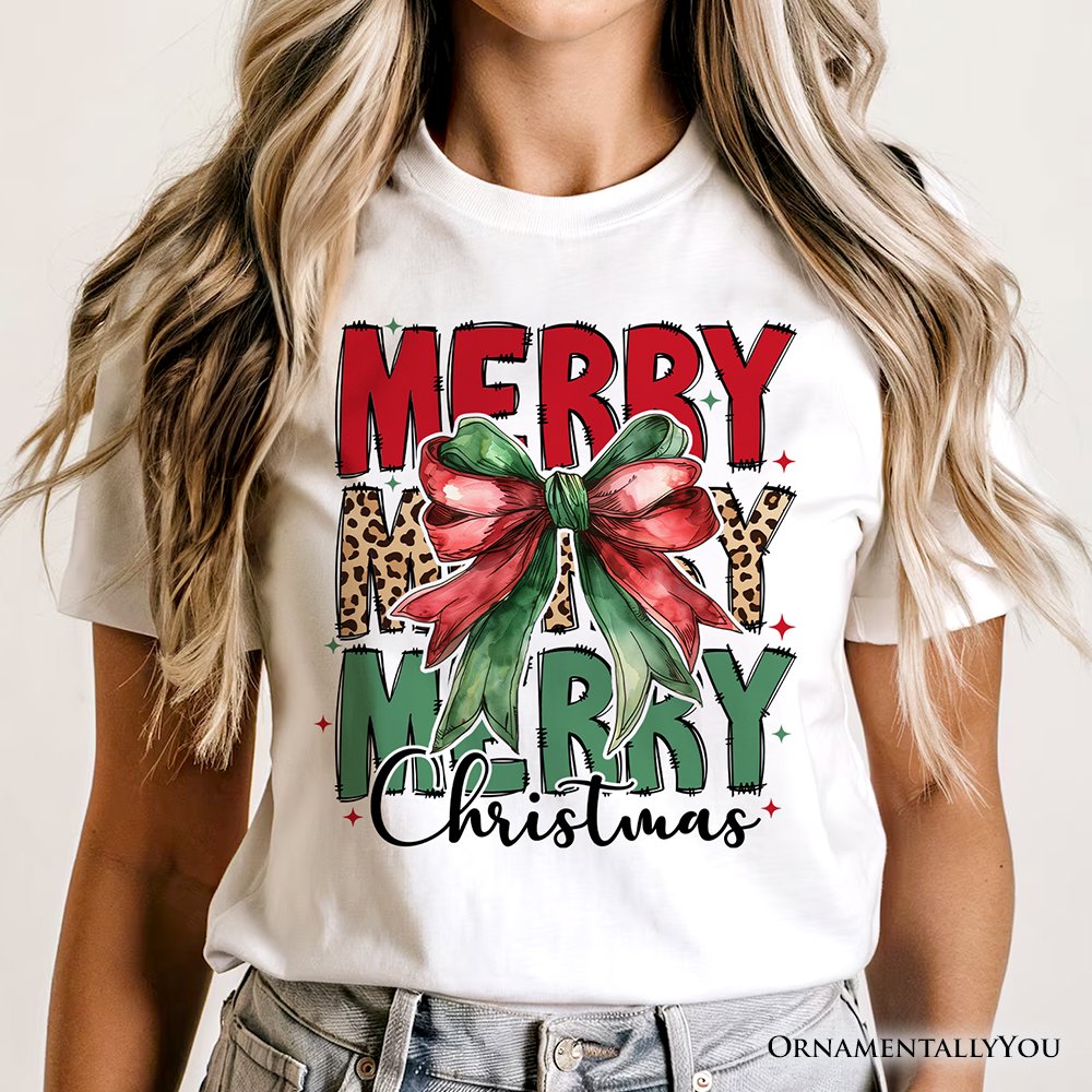 Coquette Merry Christmas Bow T-Shirt, Festive Leopard Holiday Tee T-Shirts OrnamentallyYou 