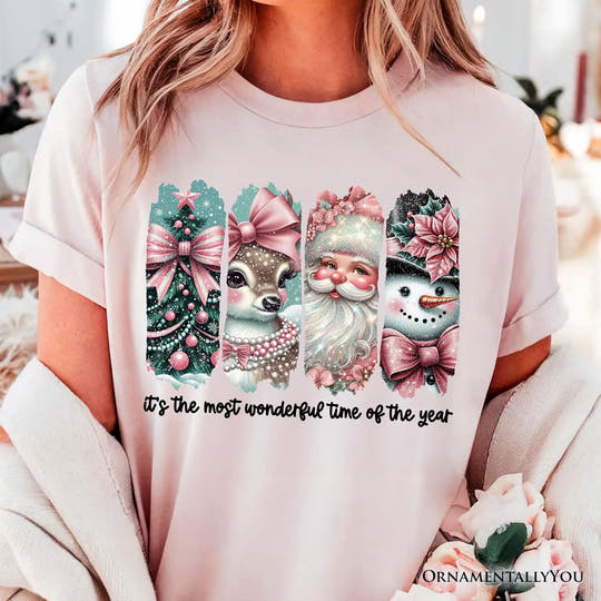 Coquette Pink Christmas T‑Shirt, It's The Most Wonderful Time Of The Year Vintage Tree, Reindeer, Santa and Snowman Tee T-Shirts OrnamentallyYou 