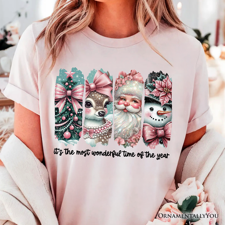 Coquette Pink Christmas T‑Shirt, It's The Most Wonderful Time Of The Year Vintage Tree, Reindeer, Santa and Snowman Tee