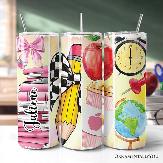 Coquette Pink Teacher 20oz Personalized Tumbler With Lid and Stainless Steel Straw, Retro School Brushstrokes Gift Cup Tumbler OrnamentallyYou Customized 