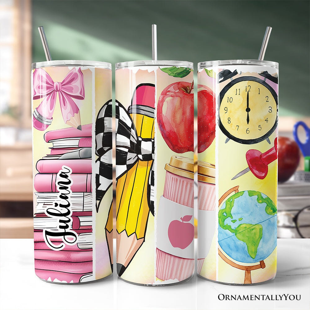 Coquette Pink Teacher 20oz Personalized Tumbler With Lid and Stainless Steel Straw, Retro School Brushstrokes Gift Cup Tumbler OrnamentallyYou Customized 