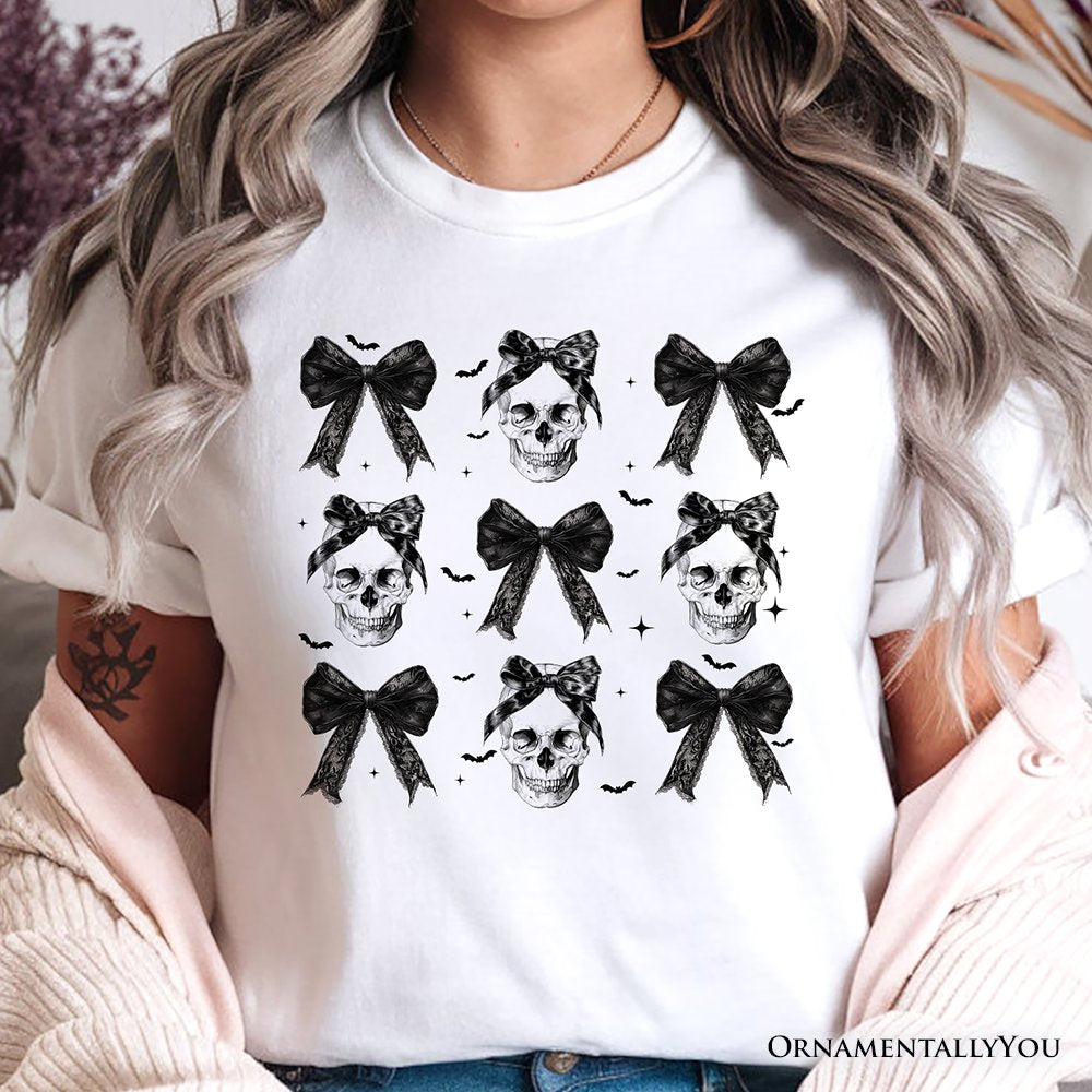 Coquette Skulls and Bows T-Shirt, Gothic Halloween Tee for Stylish Women T-Shirts OrnamentallyYou 