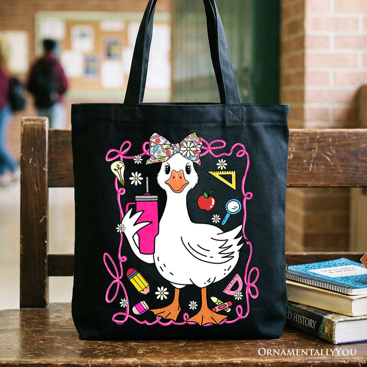 Coquette Teacher Goose Tote Bag, Funny Classroom Gift Shopper for Educators Tote Bag OrnamentallyYou Black 