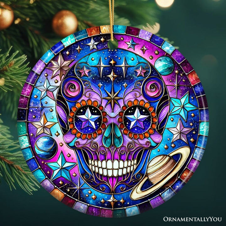 Cosmic Celestial Sugar Skull Ornament, Stellar Christmas Gift and Decor Ceramic Ornament OrnamentallyYou Circle 