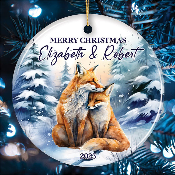 Couple Fox Personalized Ornament, Enchanted Winter Frost Christmas Gift  With Custom Names and Date