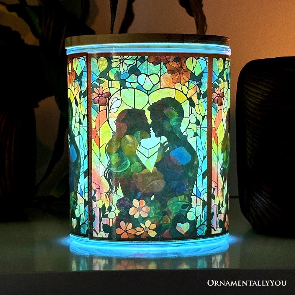 Couple in Love Faux Stained Glass LED Tea Light Candle, Heartfelt Romantic Decor With Soft Glow Candles OrnamentallyYou 