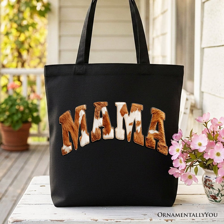 Cow Print Mama Western Tote Bag, Faux Cowhide Mom Gift Shopper Tote Bag OrnamentallyYou Black 