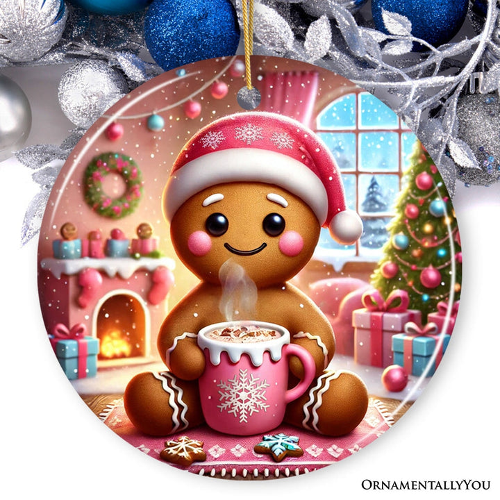 Cozy Gingerbread Man Pink Themed Ornament, Delightful Christmas Gift and Decor Ceramic Ornament OrnamentallyYou 