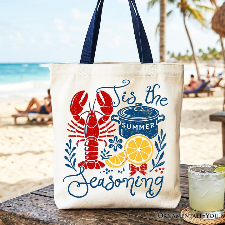 Crawfish Boil Season Summer Tote Bag, Seafood Funny Retro Gift Shopper Tote Bag OrnamentallyYou Navy Handle 