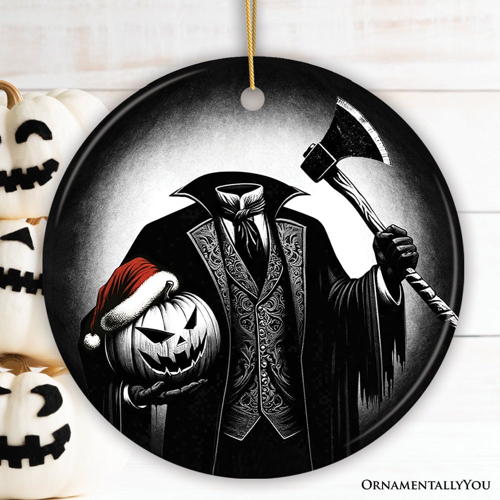 Creepy Headless Horseman And Pumpkin With Santa Hat Ornament, Horror Themed Christmas Decor for Halloween Tree Ceramic Ornament OrnamentallyYou Circle 