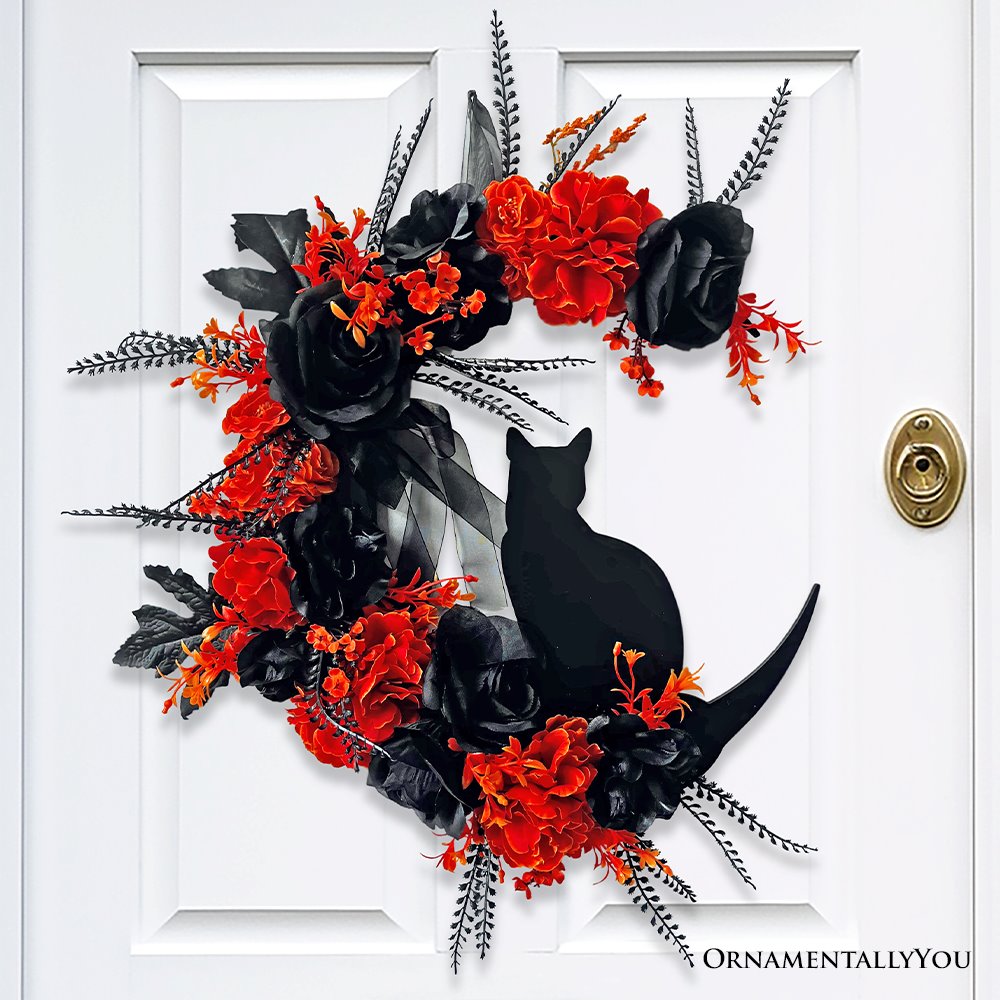 (Pre-Order) Crescent Moon Floral Black Cat Wreath, 20" Black and Orange Halloween Door Decoration Wreath OrnamentallyYou 