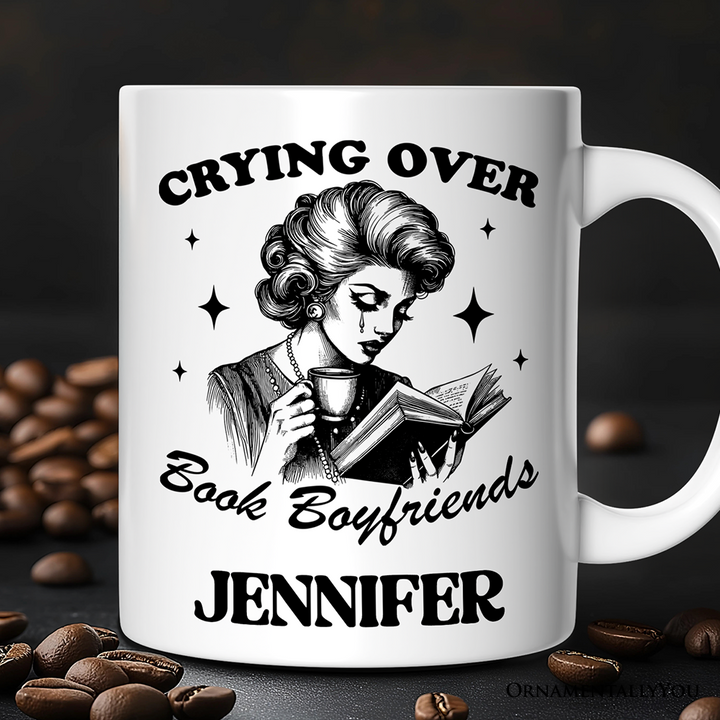 Crying Over Book Boyfriends Personalized Mug, Retro Anti-Valentine Funny Gift With Custom Name