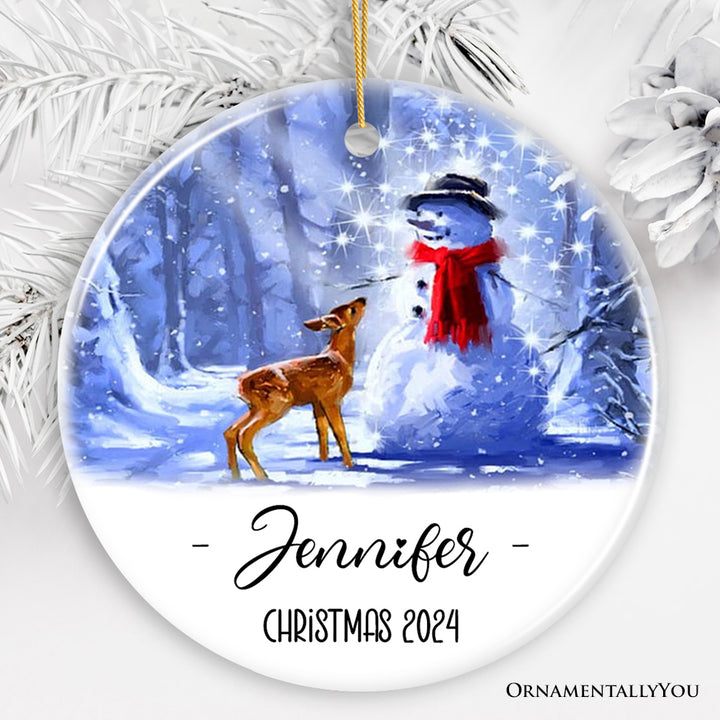 Custom Baby Deer with Snowman Christmas Ornament