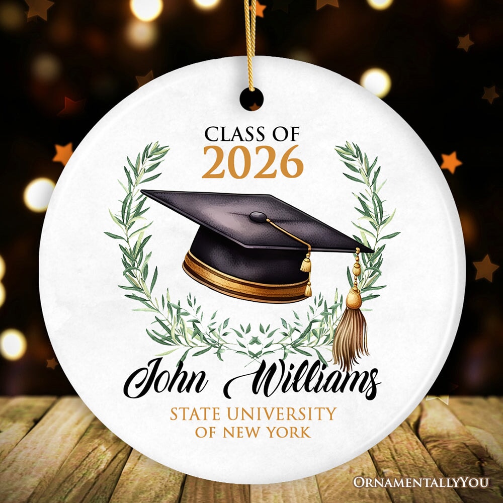 Customized Student Name and Graduation Cap Ornament, University School Graduate Personalized Gift Ceramic Ornament OrnamentallyYou Circle 