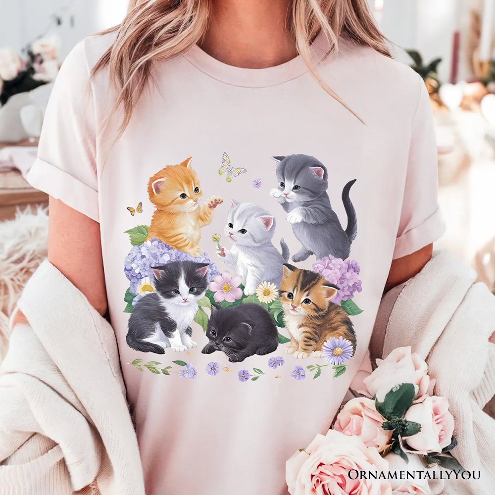 Cute Baby Cats Wildflower T-Shirt, Cottagecore Botanical Cat Tee T-Shirts OrnamentallyYou 