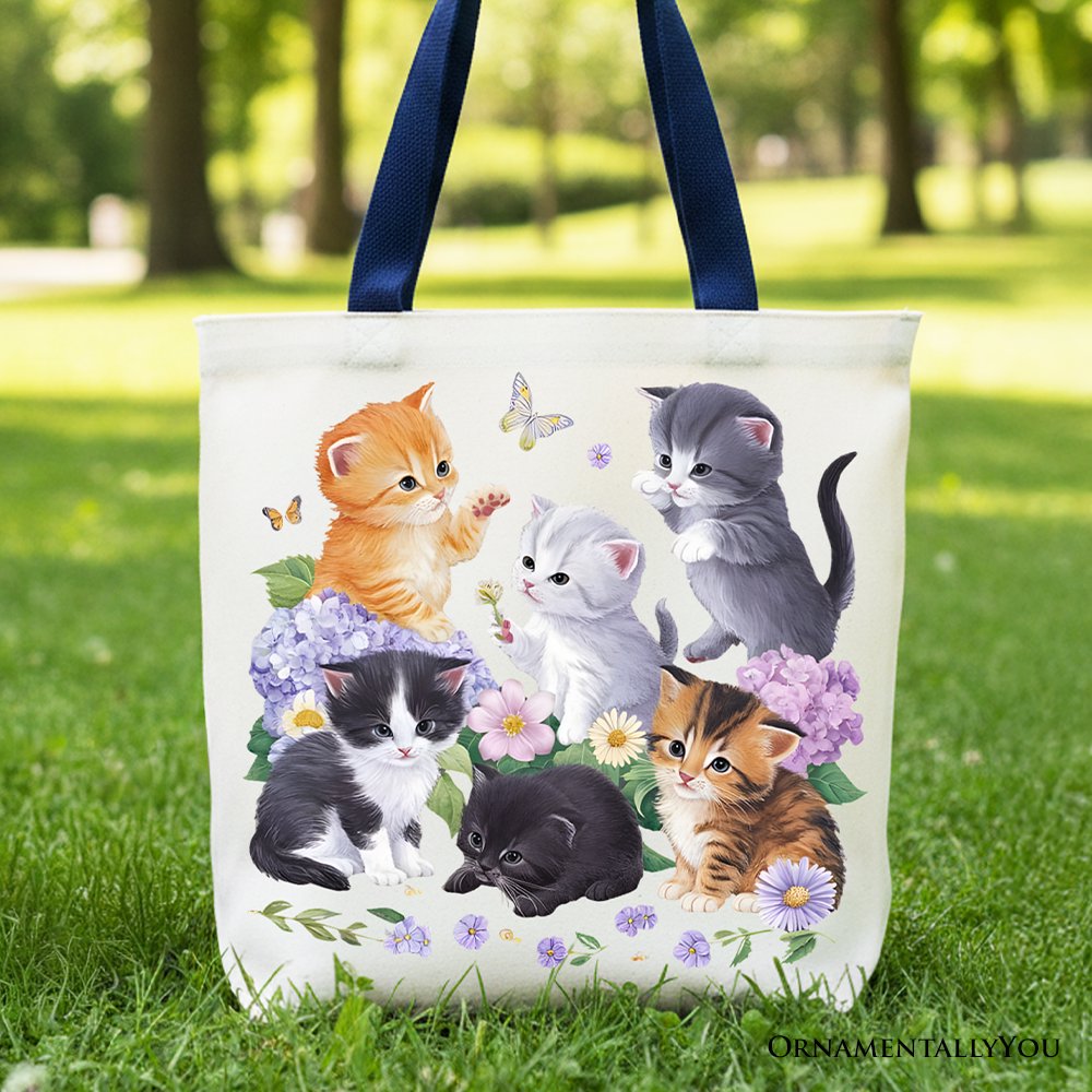 Cute Baby Cats Wildflower Tote Bag, Cottagecore Botanical Cat Gift Shopper Tote Bag OrnamentallyYou Navy Handle 