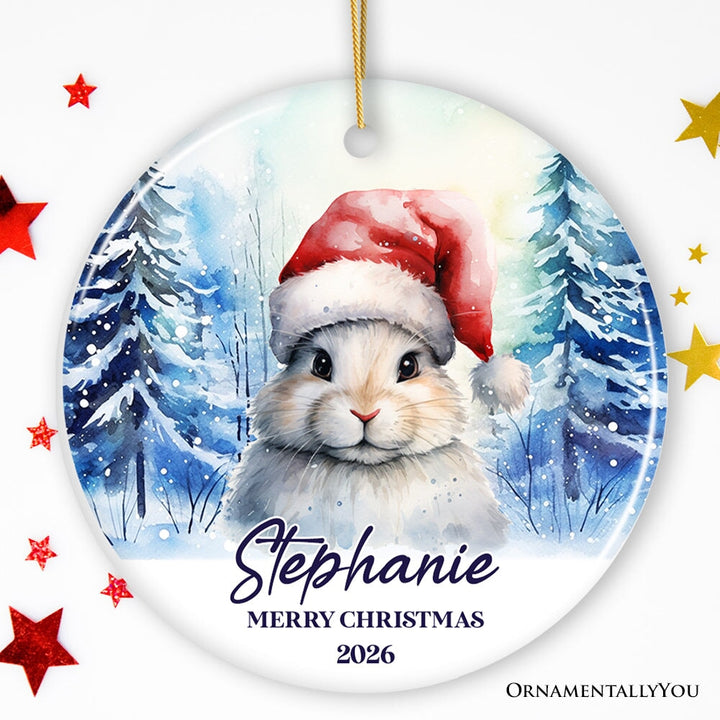 Cute Bunny with Santa Hat Personalized Ornament, Winter Forest Christmas Gift With Custom Name and Date Ceramic Ornament OrnamentallyYou Circle 
