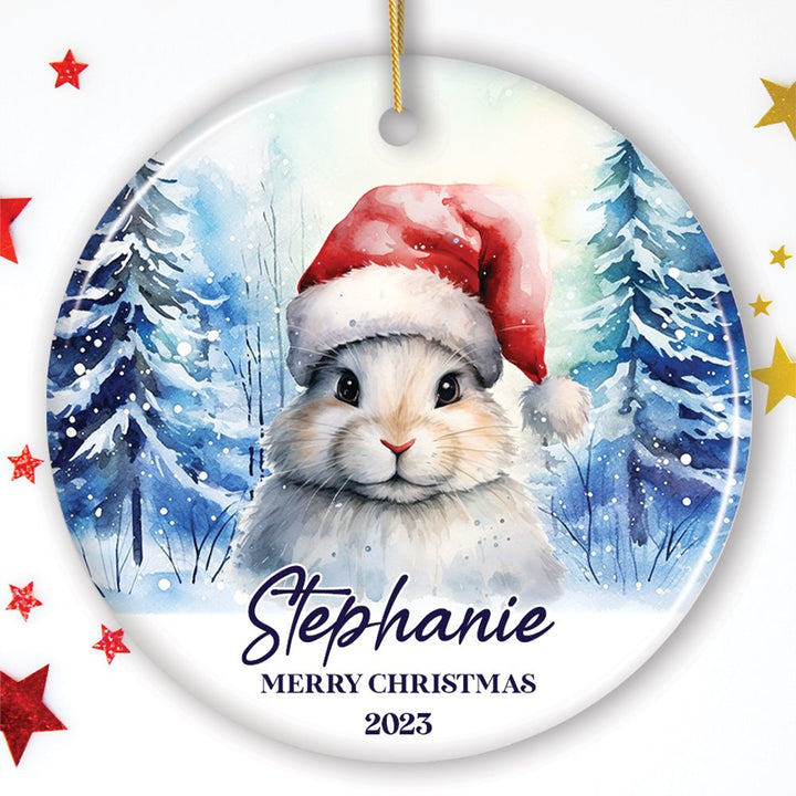 Cute Bunny with Santa Hat Personalized Ornament, Winter Forest Christmas Gift With Custom Name and Date Ceramic Ornament OrnamentallyYou Circle 