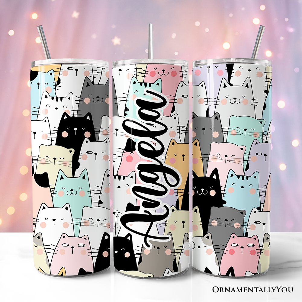 Cute Cats 20oz Personalized Tumbler With Lid and Stainless Steel Straw, Cozy Cat Owner Travel Mug Gift Tumbler OrnamentallyYou Customized 