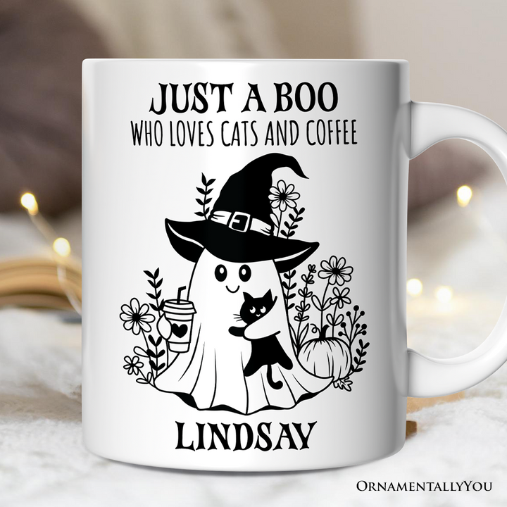 Cute Ghost with Black Cat Personalized Mug, Cat and Coffee Lover Halloween Gift