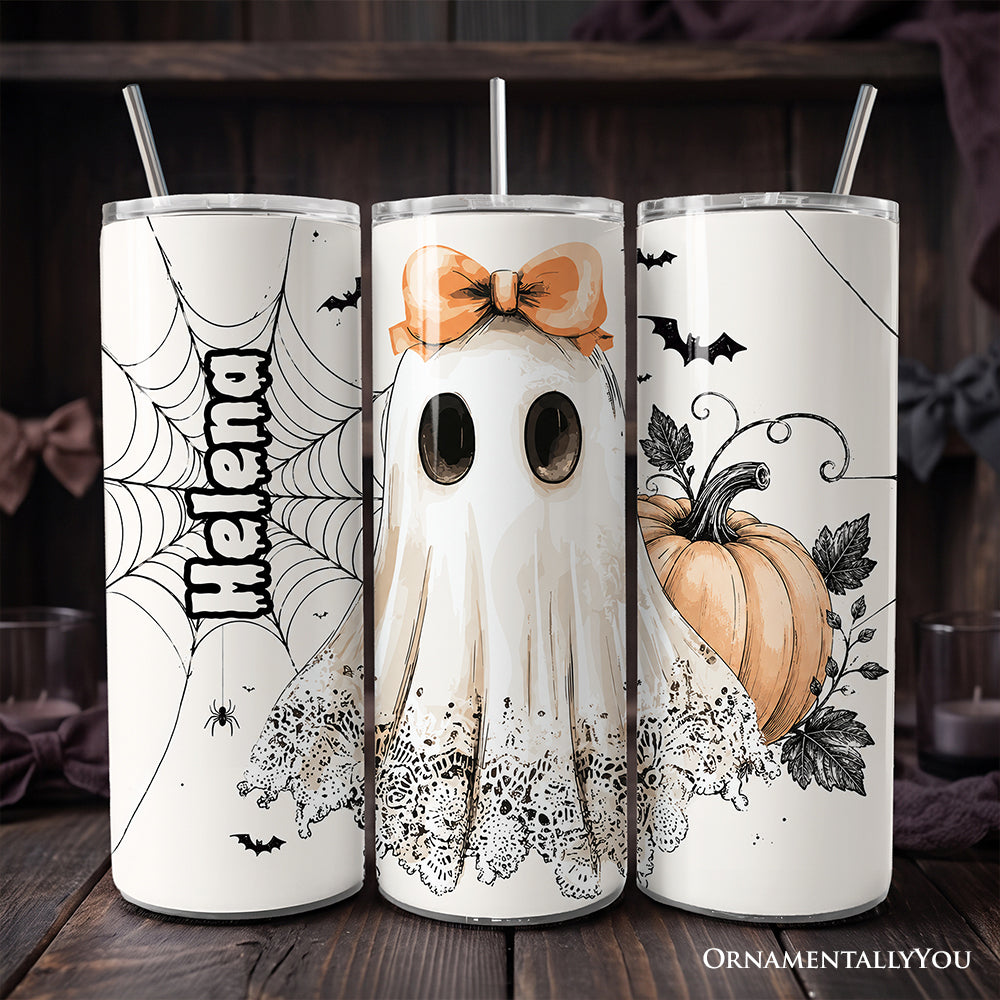 Cute Lace Ghost Coquette 20oz Personalized Tumbler With Lid and Stainless Steel Straw, Floral Vintage Halloween Gift Cup