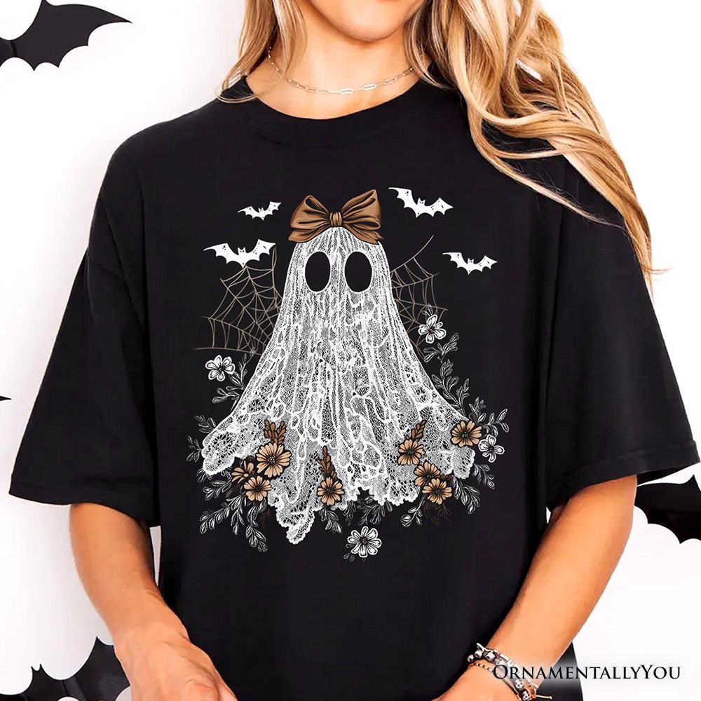 Cute Lace Ghost Coquette T-Shirt, Floral Vintage Halloween Tee T-Shirts OrnamentallyYou 