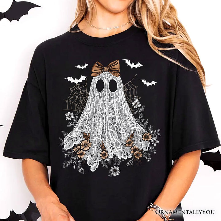 Cute Lace Ghost Coquette T-Shirt, Floral Vintage Halloween Tee T-Shirts OrnamentallyYou 