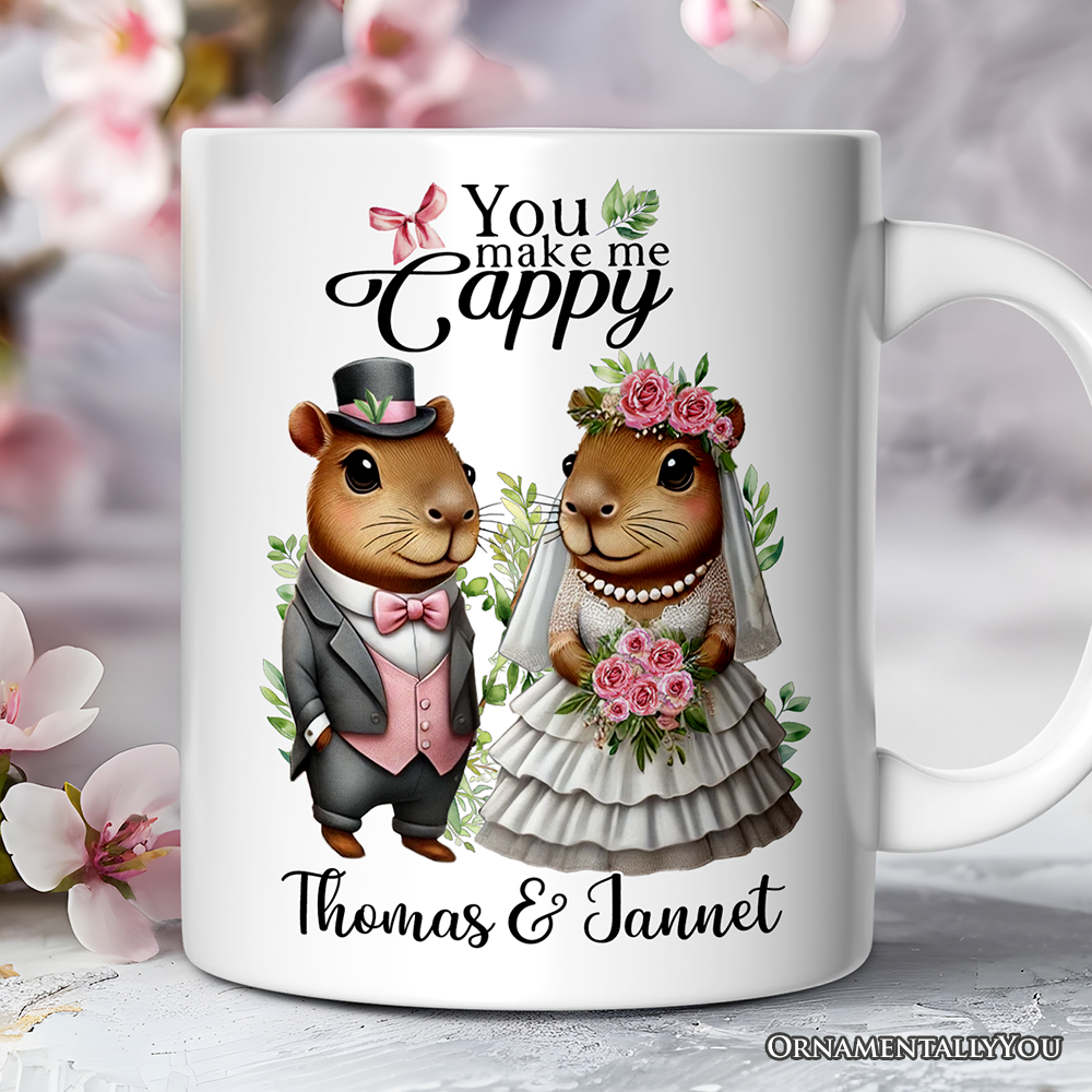 Cute Married Couple Capybara Personalized Mug, You Make Me Cappy Romantic Wedding Gift With Custom Names