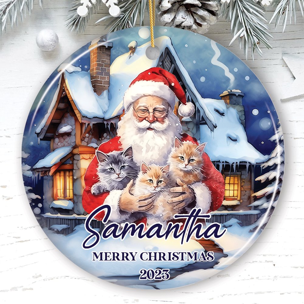 Cute Santa With Cats Personalized Ornament, Festive Christmas Gift With Custom Name and Date Ceramic Ornament OrnamentallyYou Circle 
